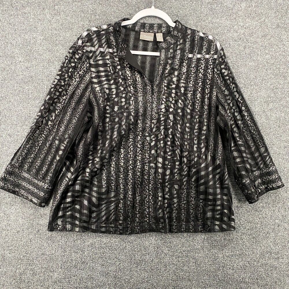 Chicos Travelers Blouse Top 2 Womens L Black‎ Sheer Full Zip 3/4 Sleeve Ladies